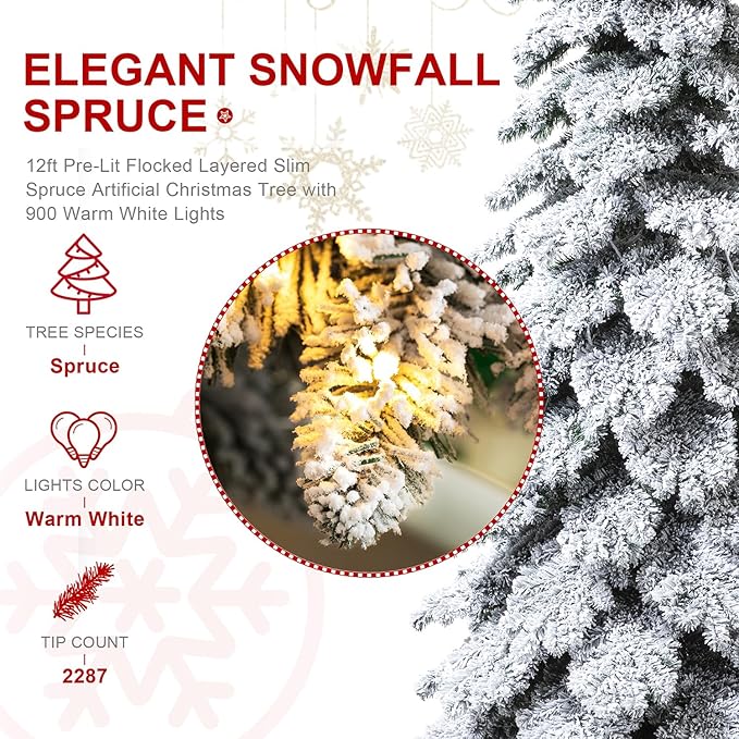 Glitzhome 12ft Artificial Christmas Tree, Pre-Lit Layered Flocked Slim Spruce Tree with 900 Warm White Lights and Foldable Metal Stand, Easy Assembly