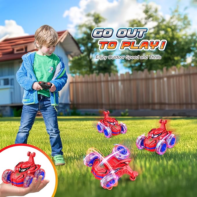 Remote Control Car, Boys Toys Age 4-6 6-8 8-12 360° Rotating 2.4GHz Fast Stunt RC Cars with Cool Lights Music 4WD Off Road RC Crawlers Birthday Party Outdoor Xmas Gifts for 3-12 Year Old Boys