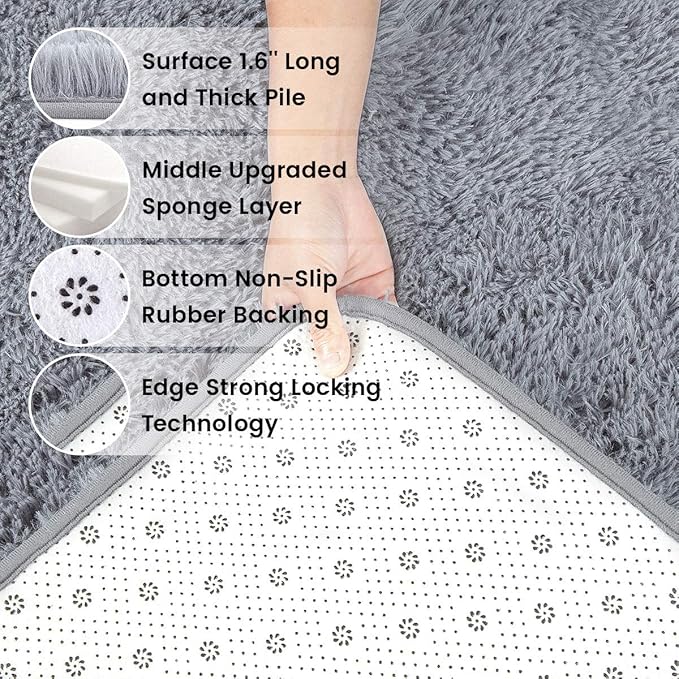 Ompaa Fluffy Area Rugs, Super Soft Shaggy Rug Fuzzy Long Fur Carpets for Bedroom Living Room Decor, 4 x 6 Feet Gray Blue