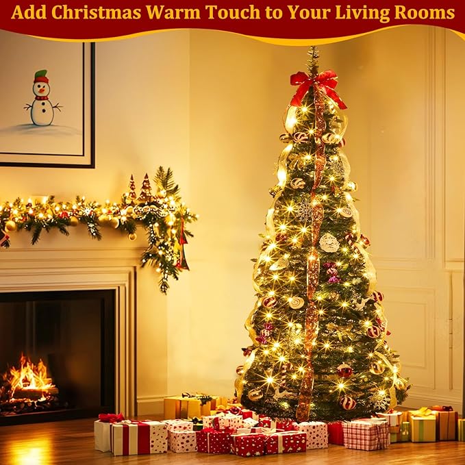 6 FT Prelit Pop Up Christmas Tree with 200 Warm White & Multicolor Lights 8 Modes & Timer Fully Decorated 103 Ornaments, Collapsible Pull Up Christmas Tree with Lights for Indoor Home Party Decor