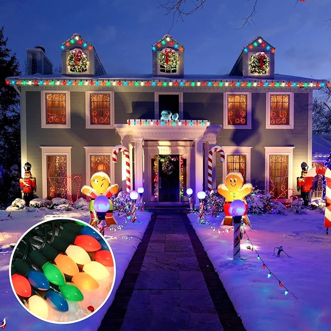 25FT C7 Ceramic Multicolor Christmas Lights Outdoor, Vintage Christmas Lights Green Wire with 25+2 Multicolored C7 Light Bulbs, Hanging String Light for Xmas Tree Home Yard Party Decor, 5W, E12 Base