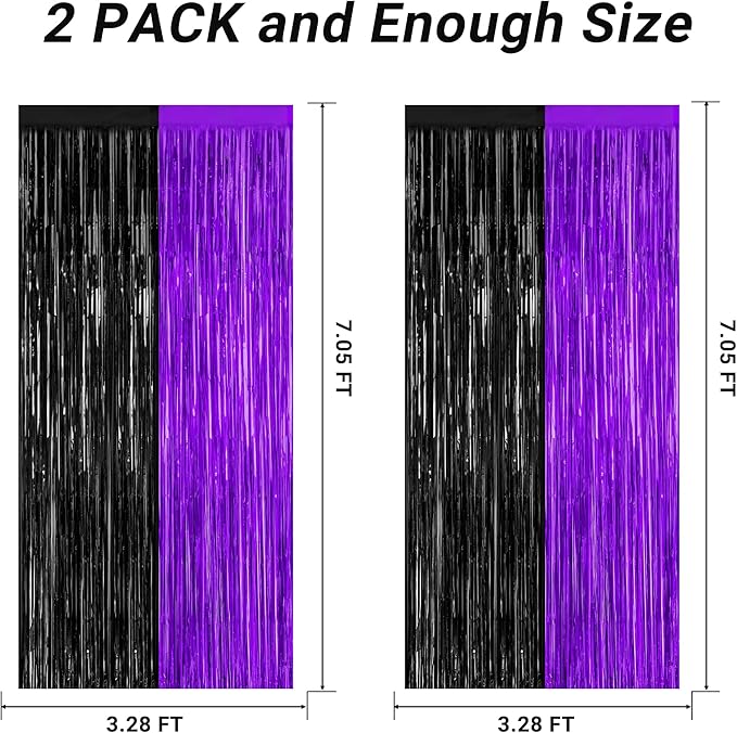 2 Pack Halloween Decor, 3.28 FT x 7.05 FT Purple and Black Foil Streamer, Metallic Fringe Curtains Tinsel Backdrop Party Streamer, Indoor Halloween Decorations Party Supplies Photo Booth Props