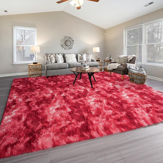Pettop Large Shag Area Rug, 8x10 Tie-Dyed Plush Fuzzy Rugs for Living Room, Ultra Soft Shaggy Rugs for Bedroom, Non-Slip and Washable Indoor Carpet for Girls Kids Room Home Decor, Burgundy Red