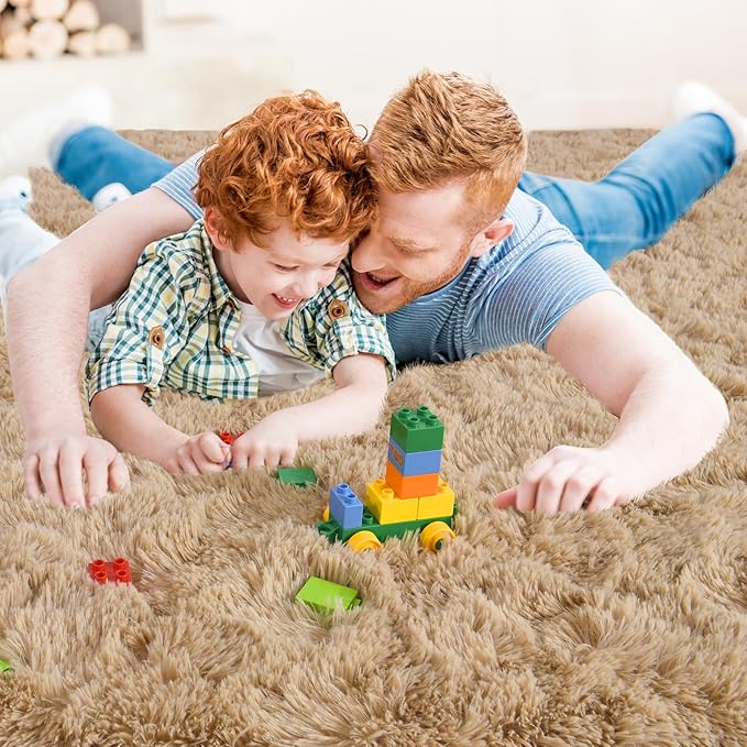 Ompaa Beige Area Rug 9x12 Rugs Large Living Room Fluffy Carpet for Bedroom Dorm, Non-Slip High Pile, Light Tan Modern Big Shag Rug for Classroom Kids Playroom Nursery Home Office Decor