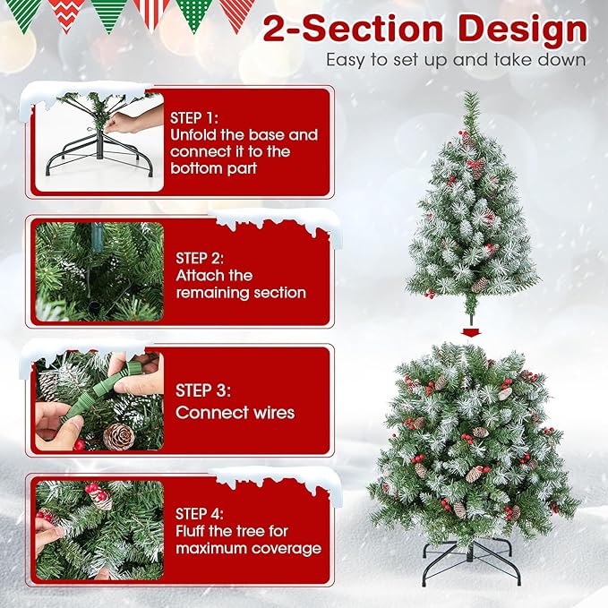 Goplus 5ft Pre-Lit Christmas Tree, Artificial Hinged Xmas Tree with 200 Warm-White LED Lights, 8 Lighting Modes, 450 Branch Tips, Red Berries & Pinecones, for Holiday Party Office Home Decor