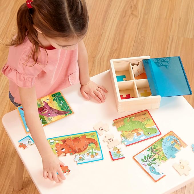 B. toys- Pack o' Puzzles 2-Pack - Pets & Dinos- Wooden Puzzle Box Set – 2 Puzzle Boxes, 8 Puzzles- 12-Piece Jigsaw Puzzles for Kids – 3 Years +