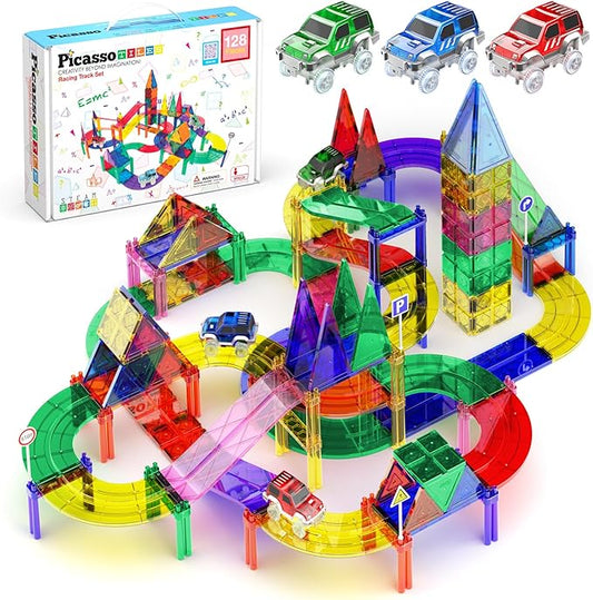 PicassoTiles 128pcs Magnetic Race Car Track Building Block Educational Toy Set Tiles Magnet Playset 3 LED Car STEM Learning Construction Kit Fine Motor Skill Training Brain Development for Kids Age3+