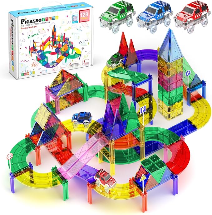 PicassoTiles 128 Piece Race Car Track Building Block Educational Toy Set Magnetic Tiles Magnet Playset 3 LED Car STEM Learning Construction Kit Hand-Eye Fine Motor Skill Training Brain Development