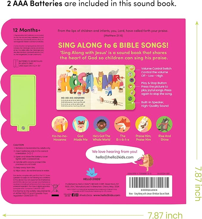 Sing Along with Jesus Christian Sound Books for Kids - 6 Bible Songs - Christening, Baptism Gifts for Boys and Girls - Religious Toys, Interactive Music Books for Toddlers - Baby Dedication