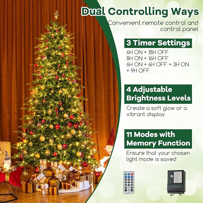 Goplus 9ft Pre-Lit Artificial Christmas Tree, Hinged Xmas Tree with 1770 PVC & PE Tips, 560 Multicolored & Warm White LED Lights, 11 Modes, Remote Control, Metal Stand, Home Office Decoration