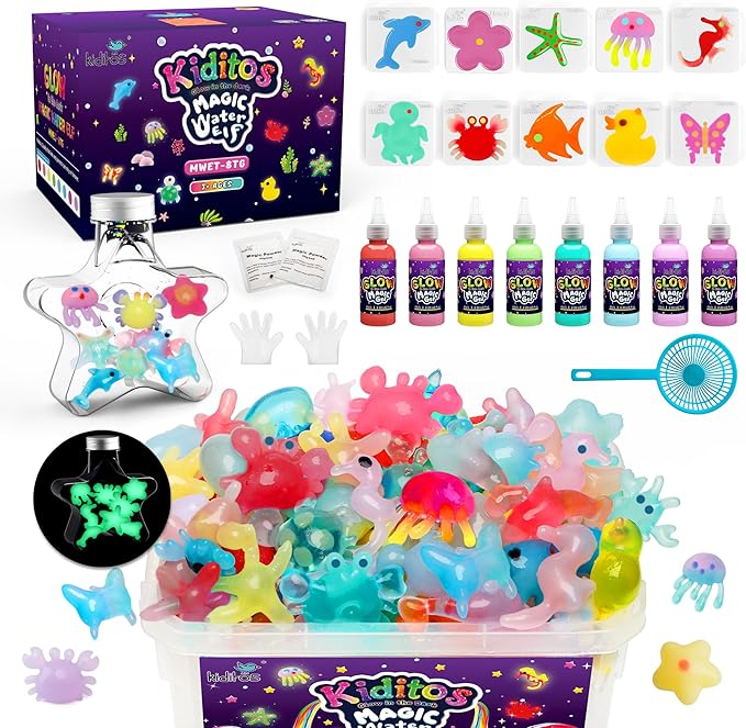 Kiditos Glow in The Dark Magic Water Elf Toy Kit,Aqua Fairy Water Gel Kit-8 Glow Gel&10 Molds-Make Your Own Water Pets&Squishy Toys–Fun Summer DIY Craft Kit,Birthday Gift&Party Favors for Kids Ages 3+