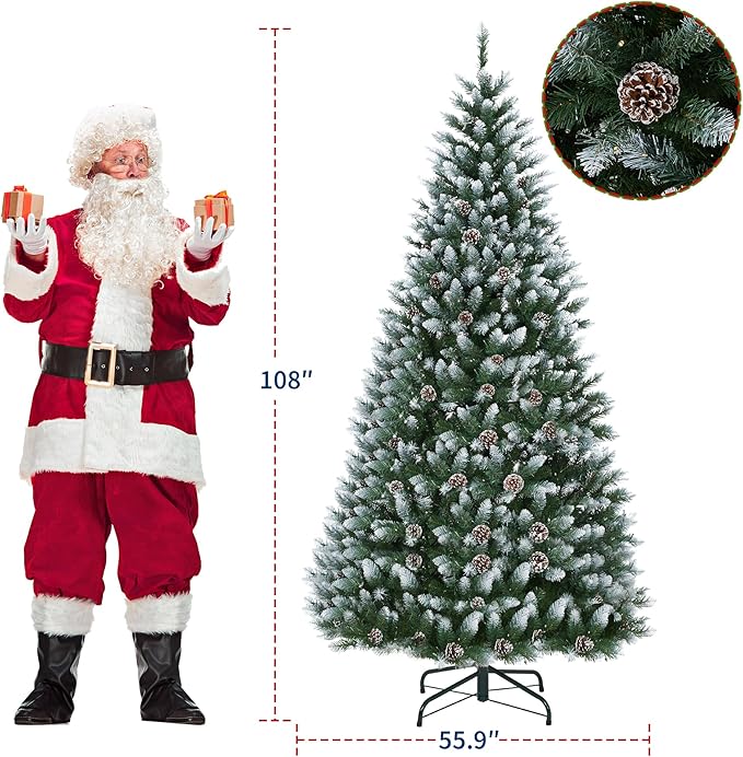 Garvee 9 ft Pre-Decorated Artificial Christmas Tree Prelit, Partially Flocked Design Xmas Tree with 1738 Branch Tips, 900 LED Lights, Pinecones & Metal Stand for Christmas Decorations