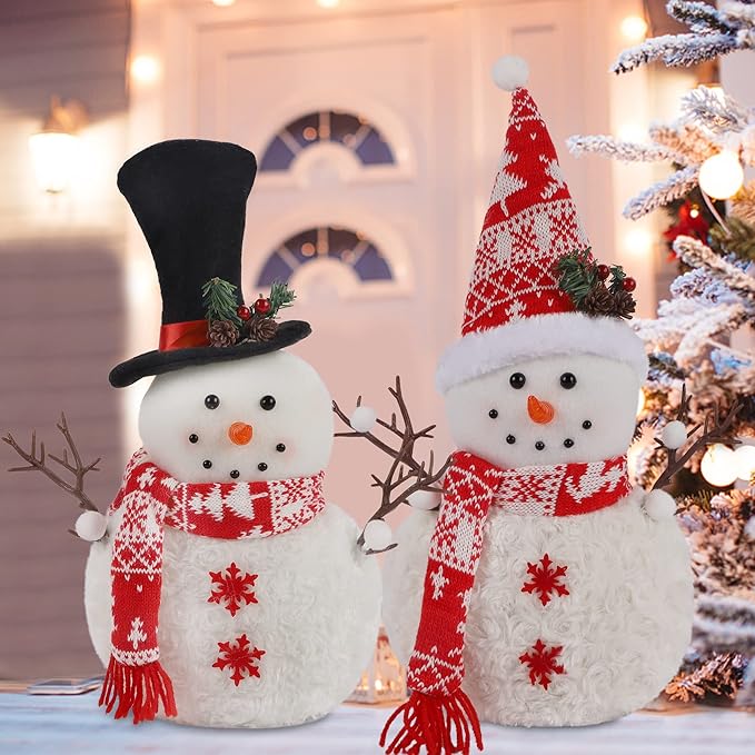 2 Pack 16 Inch Christmas Plush Snowman Doll Tabletop Decorations, Christmas Snowman Ornaments for Home Kitchen Xmas Holiday Party Decor