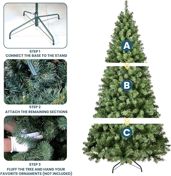7.5FT Artificial Christmas Tree, Premium Unlit Hinged Fake Xmas Tree with 1200 Branch Tips, Green Realistic Holiday Tree for Home, Office, Foldable Metal Stand