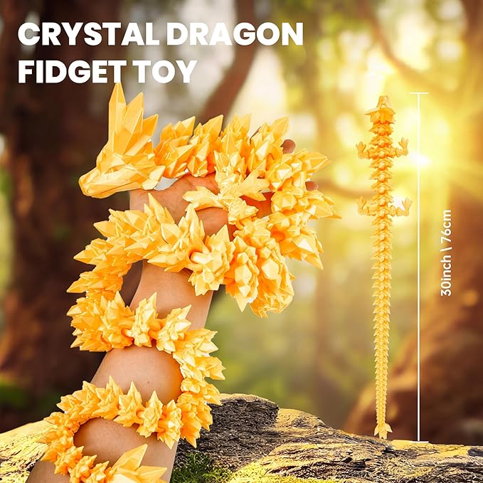30'' 3D Printed Dragon - 3D Printed Toys, Articulated Crystal Dragon Large Rainbow Animal Fidget Toy for Kids, Decor Huge Dragons Collectible Figurines(Silk Gold,30inch)