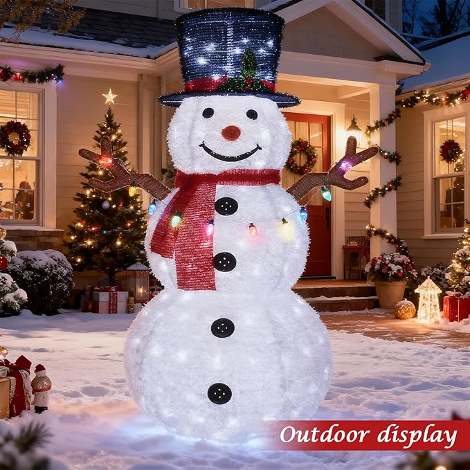 HOYECHI 5ft Lighted Pop-Up Snowman - Large White Outdoor Christmas Decoration with 200 LED Lights, Hat, Scarf, 10 Multicolored Lights, Holiday Ornaments for Home, Lawn and Front Yard