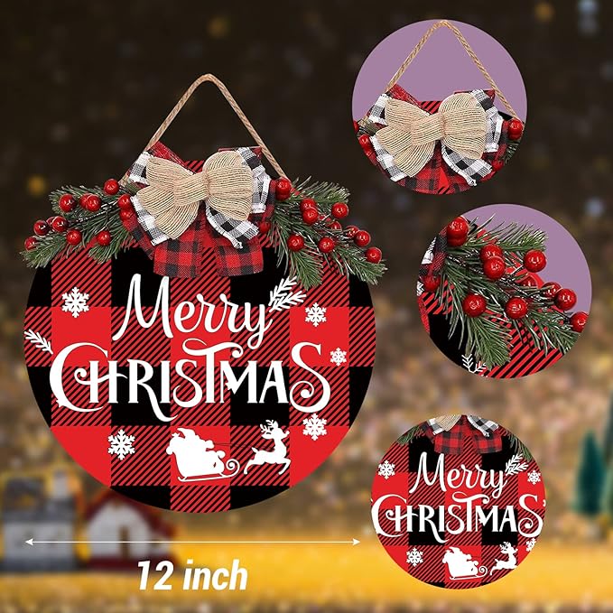 Merry Christmas Decorations Wreath, Merry Christmas Sign Front for Door Decoration, Rustic Wooden Holiday Decor for Front Door Porch Window Wall Farmhouse Indoor Outdoor Decorations