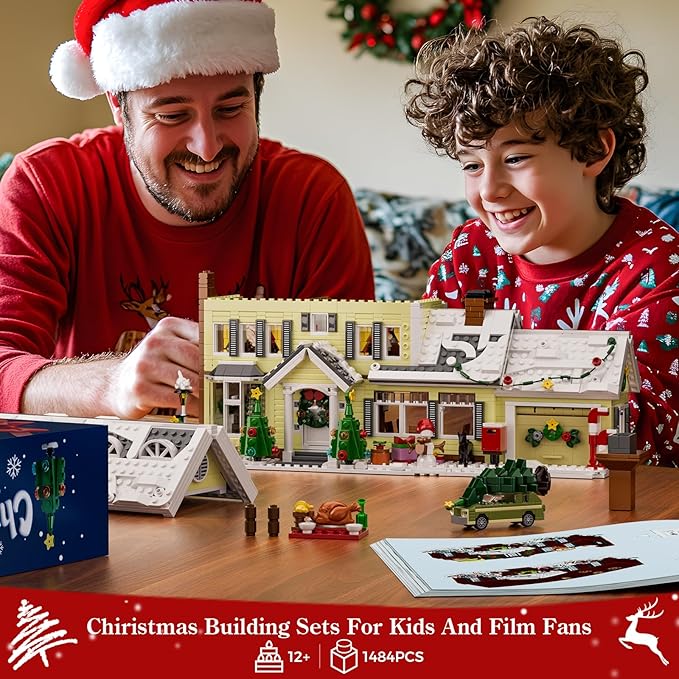 Christmas Holiday House Building Set, DIY Christmas Holiday Snow Village with Clark's Car, Christmas House Compatible with Lego Gifts for Boys, Girls, Family, and Friends (1484pcs)