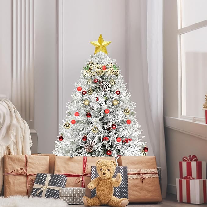 4FT Premium Artificial Christmas Tree, Snow Flocked Hinged Pine Tree w/800+ Snowflake Branches, Solid Metal Stand for Holiday Decoration Indoor Outdoor Use, Green