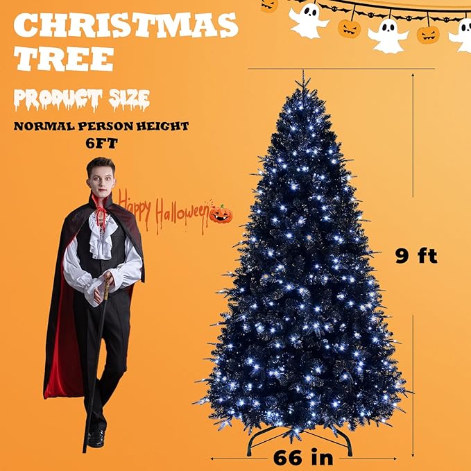 9FT PreLit Black Christmas Tree with 750 Lights, Artificial Fake Christmas Tree with 3176 PE&PVC Branch Tips, Halloween and Xmas Tree for Holiday Decorations, Metal Stand and Hinged Branches