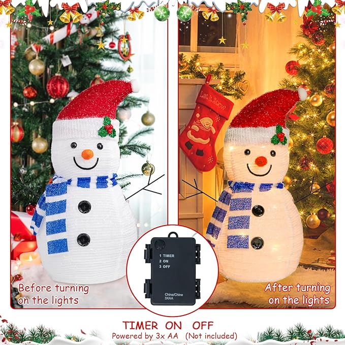 VCUTEKA Christmas Snowman Decorations, 2FT Collapsible Snowman with LED Lights Pop up Xmas Holiday Decor for Indoor Outdoor Home Yard Garden Lawn