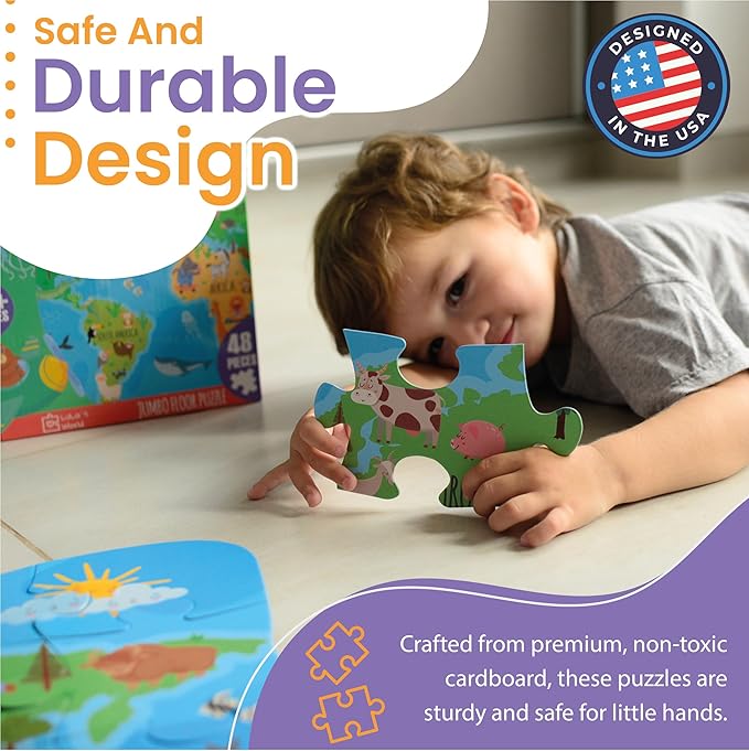 48 Piece Puzzles for Kids Ages 4-6 - Floor Puzzles for Kids Ages 3-5 - Preschool Learning Toys - World Map Puzzle - Educational Toys for 3 Year Old - Includes Two Giant Coloring Posters