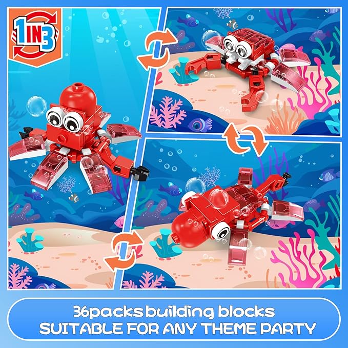 36 Packs Marine Animals Building Blocks Toy, Party Favors for Kids, 999PCS Building Set, Classroom Prizes, Goodie Bag Stocking Stuffers, Ideal for Boys and Girls Ages 6-12+