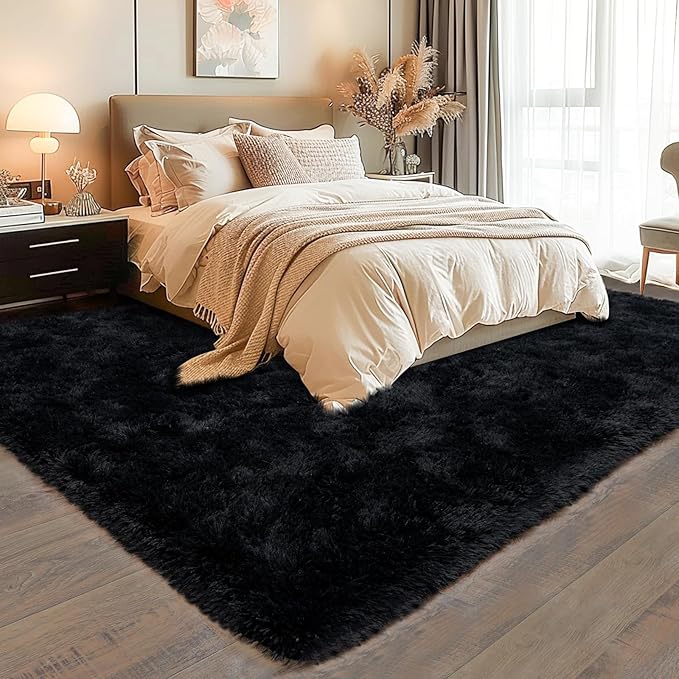 5'x7' Super Fluffy Rug for Bedroom, Modern Shag Black Area Rugs, Soft and Cozy Plush Large Carpet for Kids, Girls Boys and Teens Decorations for Living Room Dorm Nursery Classroom, Black