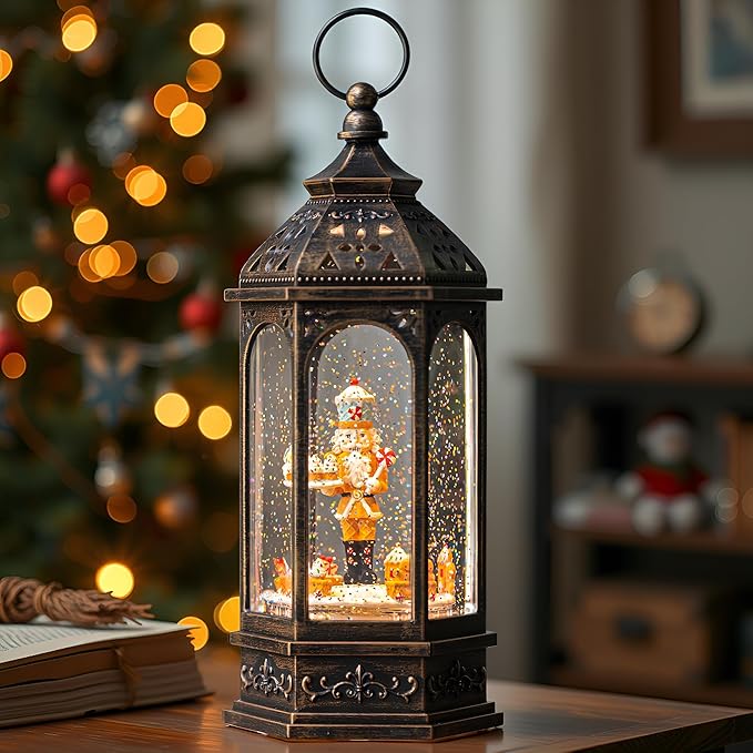 12.8'' Christmas Snow Globe Lantern, Gingerbread Man Train Will Rotate Around The Gingerbread Nutcracker with Musics Swirling Glitter Water Lantern Decoration for Home, Battery Operated or USB Powered