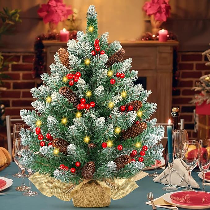 [2 Pack & Timer] 24 Inch Realistic Snowy Tabletop Christmas Tree Small Christmas Tree with 50 Warm Lights Battery Operated Red Berries Pine Cone Burlap Base Indoor Home Table Christmas Decorations