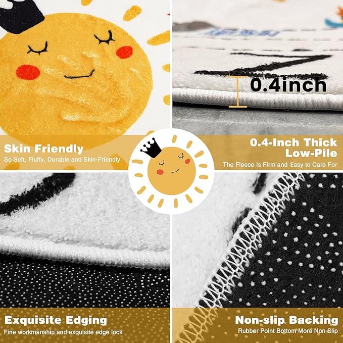 ABC Kids Rug,5.2 ft Washable Nursery Rug,Soft Plush Educational Circle Rug,Non-Slip Solar System Alphabet Rug for Classroom playroom Bedroom Kids Room Decor