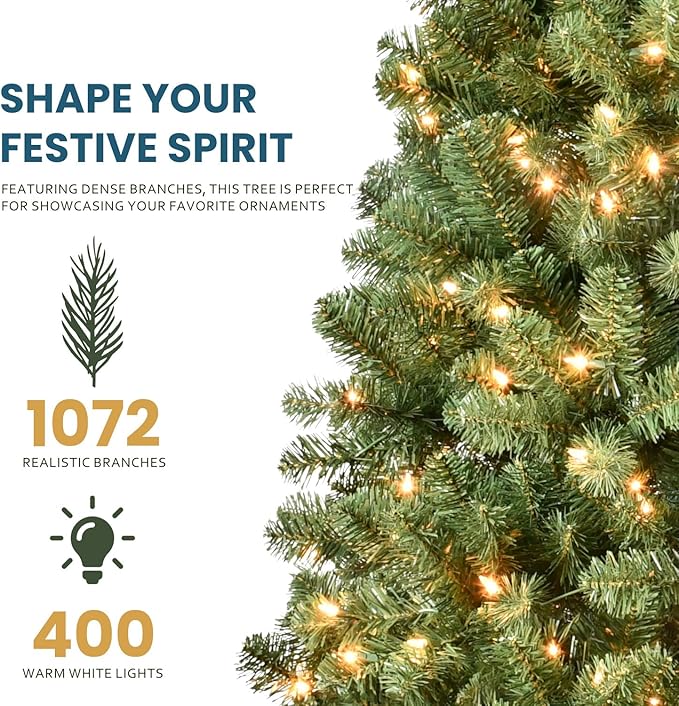 Kadunmina 7ft Pre-lit Christmas Tree, Prelit Artificial Spruce Xmas Trees with 400 Incandescent Warm White Lights, 1072 Branch Tips and Metal Stand for Home, Office, Holiday Decor,Green