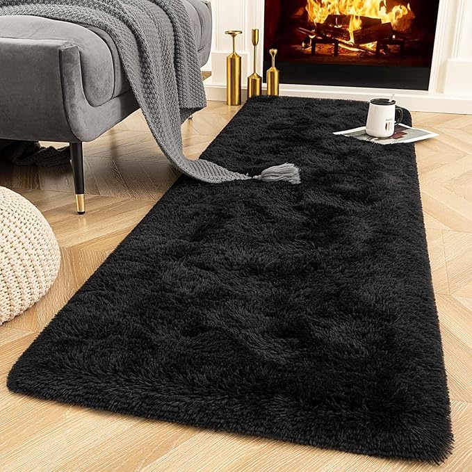 Ompaa Fluffy Runner Rugs, 2x6 Feet Black, Super Soft Shaggy Carpet Fuzzy Long Fur Rug for Bedroom Living Room Dorm, Plush Kids Playroom Baby Girls Nursery Decor Mats