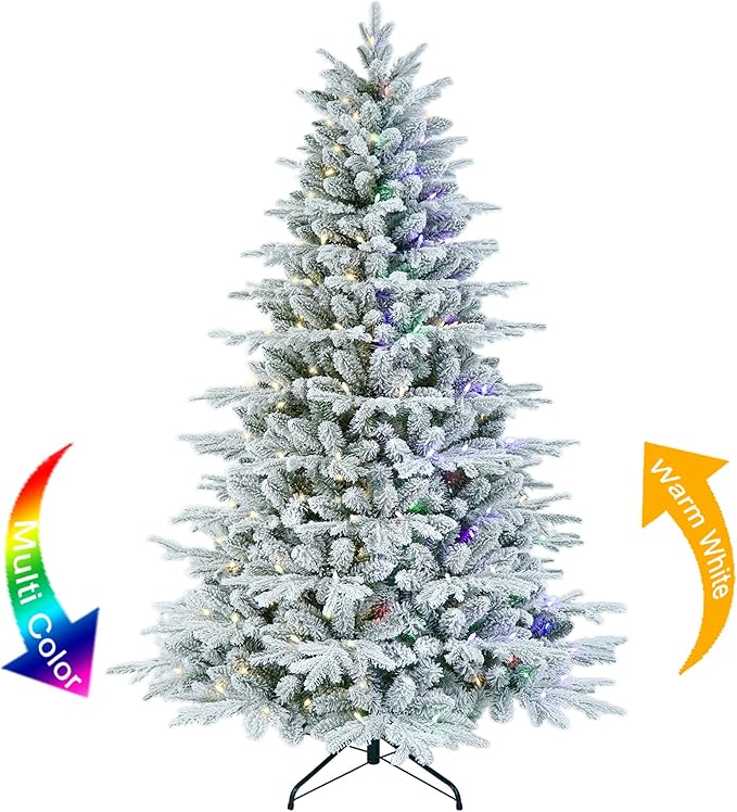 7 Feet Pre-lit Flocked PE Christmas Tree with 1575 Branch Tips, 350 Dual-Color Multi-Functional LED Lights