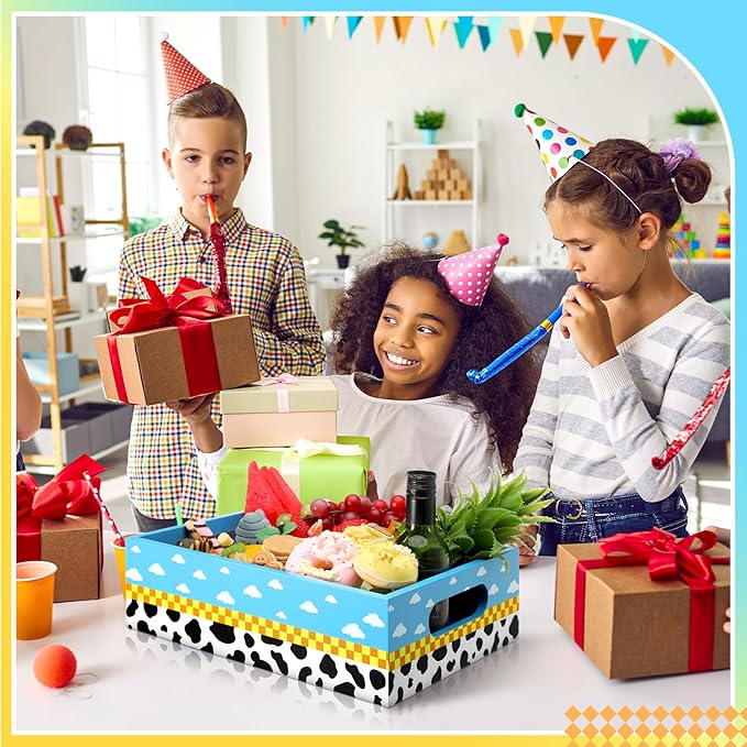 Cartoon Birthday Party Supplies Blue Sky White Clouds Theme Wooden Snack Tray Toy Party Baby Shower Supplies Reusable Snack Organizer with Handles for Decorations