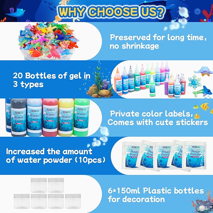 Make 200+ Water Animal, Magic Glow-in-The-Dark Gel Fairy Toy Kit, Aqua DIY Water Squishy kit with 18 Shape Molds,100ml Gels,10 Magic Powder,Birthday Gift, Arts Crafts STEM Kit for Kids