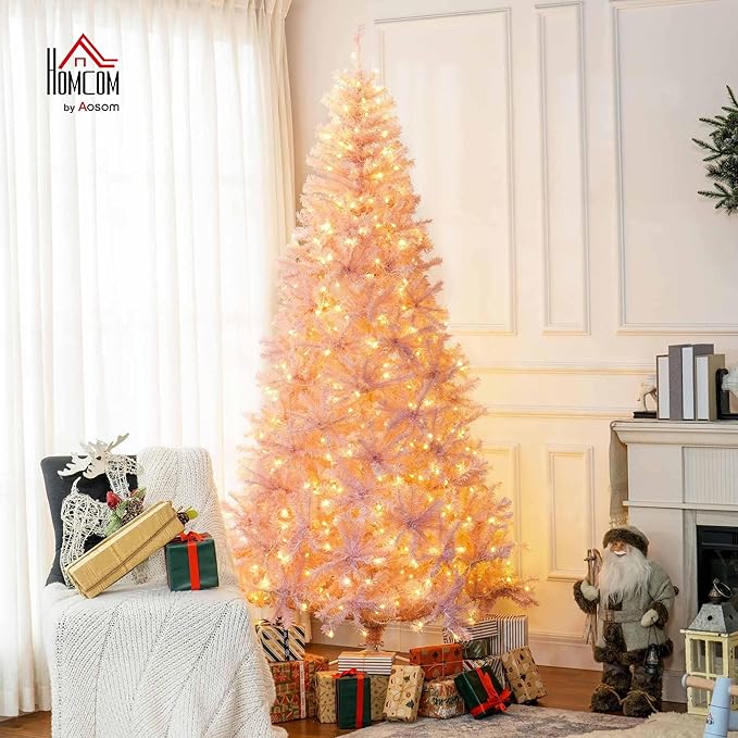 HOMCOM 7.5' Tall Prelit Christmas Tree Douglas Fir Artificial Christmas Tree with Realistic Branches, 500 Warm White LED Lights and 1346 Tips, Pink