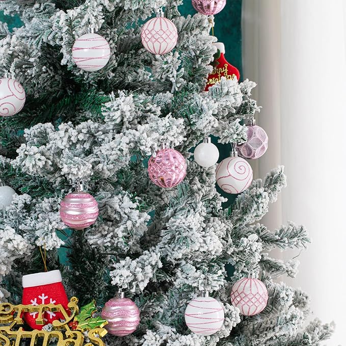 100Pcs Christmas Ball Ornaments Set, Shatterproof Plastic Pink and White Christmas Ornaments for Xmas Tree, Assorted Baubles Hanging Decorations for Holiday/Party/Wedding
