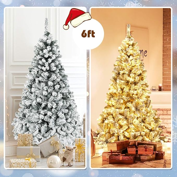 Goplus 6ft Pre-Lit Artificial Christmas Tree, Premium PVC Snow Flocked Hinged Pine Tree with Metal Stand and LED Lights, Perfect Xmas Decoration for Indoor and Outdoor