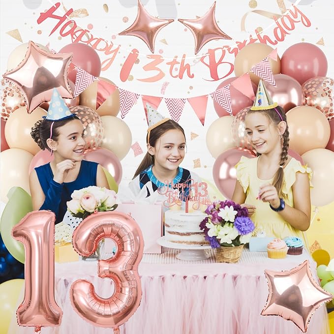 13th Birthday Decorations for Girls, Retro Pink Number 13 Balloon Set Happy 13th Birthday Banner Cake Topper Dusty Pink Beige Nude Rosegold Star Balloons for Boho 13 Year Old Bday Party Decoration