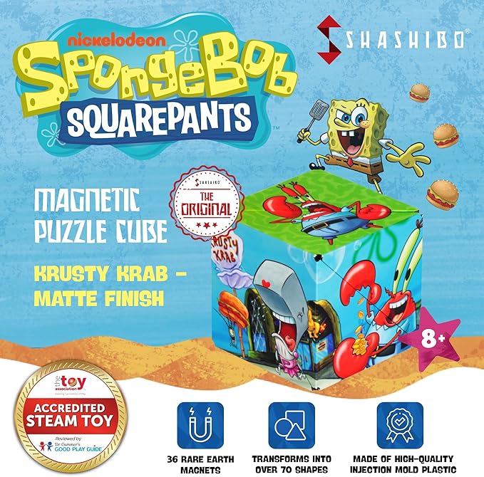 SHASHIBO Spongebob Squarepants Shape Shifting Box - STEM Magnetic Fidget Cube That Transforms Into Over 70 Shapes, Download Fun in Motion Toys Mobile App (Krusty Krab)