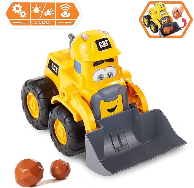CAT Construction Toys, Front Loader Toy - Interactive Forward & Back Motion, Lights & Sounds, Animated Face - Batteries & Play Rocks Included - Ages 2+