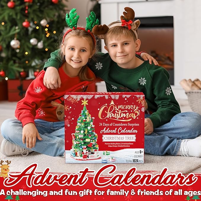 Advent Calendar 2025 for Kids Teens Adults, Christmas Tree Building Blocks Xmas Countdown Advent Gift Box with Snowmen Stars Santa Bricks Toys Christmas Holiday Gifts for Boys Girls Women Men Age 6+
