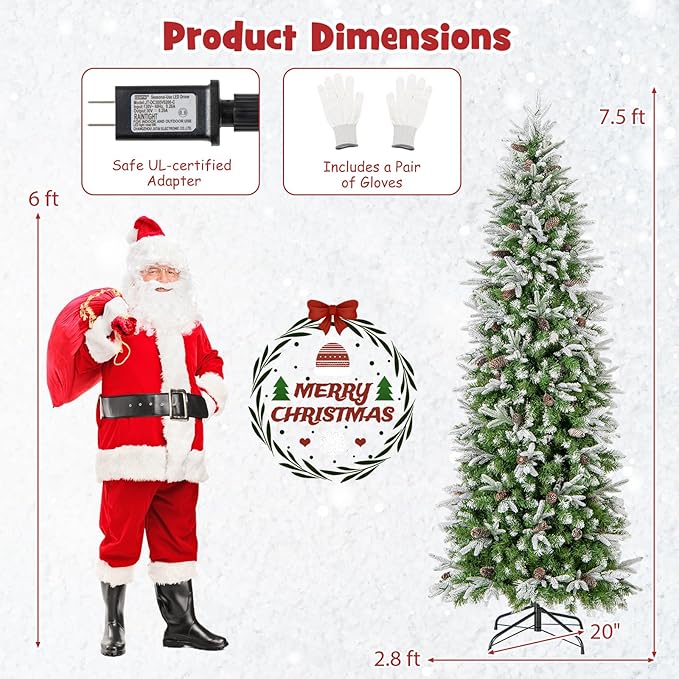 Goplus 7.5 FT Pre-Lit Pencil Christmas Tree, Artificial Snow Flocked Hinged Fake Slim Xmas Tree with 350 Warm-White LED Lights, 913 Branch Tips, 75 Pine Cones, for Office Home Decoration