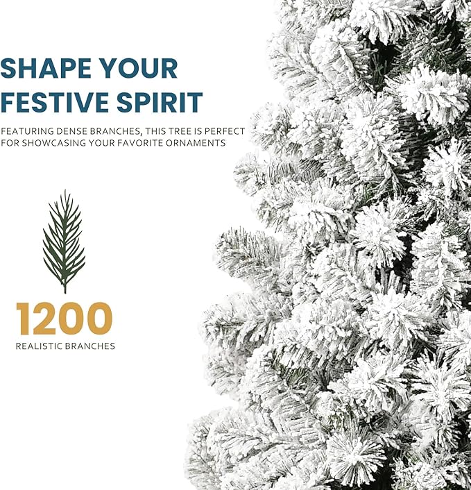 Kadunmina 7.5ft Artificial Christmas Tree, Premium Unlit Hinged Snow Flocked Xmas Tree with 1200 Branch Tips, Realistic Holiday Full Trees with Foldable Metal Stand for Home,Office,Green & White