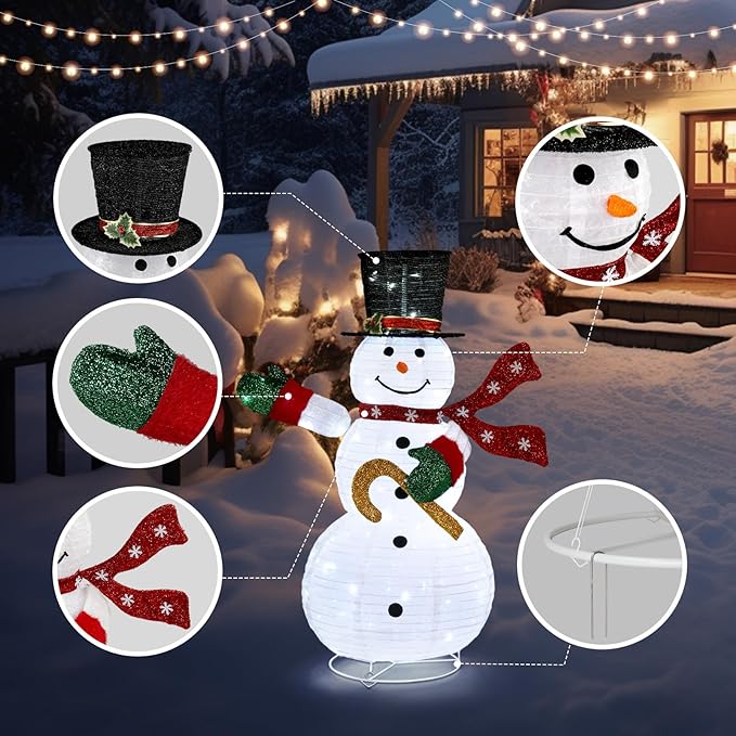 Outvita Outdoor Christmas Decorations 4 FT Lighted Snowman, White Foldable Snowman with 100 LED Lights Red Scarf Black Hat, Perfect for Xmas Indoor and Outdoor Lawn Garden Yard Holiday Decor