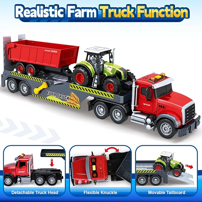 SpringFlower 21“ Extra Large Truck Toy, 3 4 5 6 Boys Toys with Tractors and Dump Truck, 3 in 1 Vehicle Toy with Sounds & Lights, Christmas Birthday Gift Kids Boy Toddlers Age 3 4 5 6 7