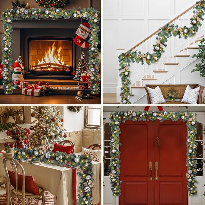 Christmas Garland Lighted Indoor Outdoor Decorations Artificial Christmas Garlands with Light Mantel Pine Cone for Door Porch Holiday Party Outdoor Indoor Xmas Decor 6FT Gold B