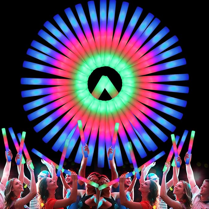 107 PCS LED Foam Glow Sticks Bulk, Glow in the Dark Party Supplies with 3 Modes Colorful Flashing, Neon Party Favors for Birthday, Wedding, Carnival, Concert, New Year