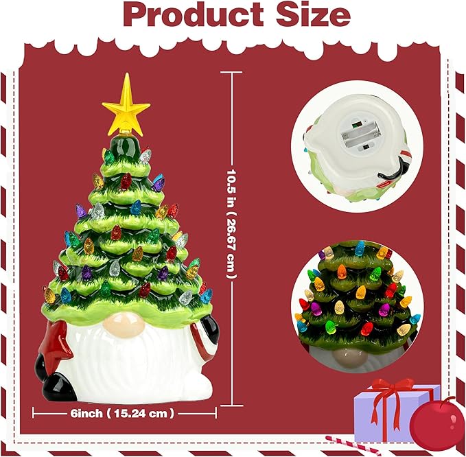 Ceramic Gnome Christmas Tree, Christmas Decor Indoor with 54 Multi-Colored Lights, Pre-Light Hand-Painted Hoilday Tree with 5-Pointed Star for Tabletop Decorative Xmas Decorations